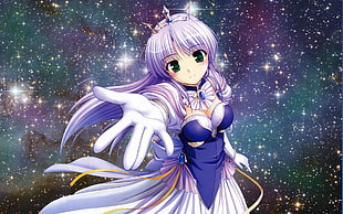 female anime character with crown and blue dress and stars in background