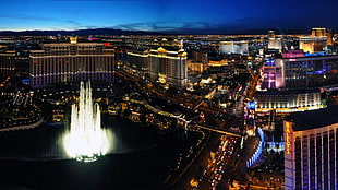 high-rise building, Las Vegas, cityscape, lights, fountain