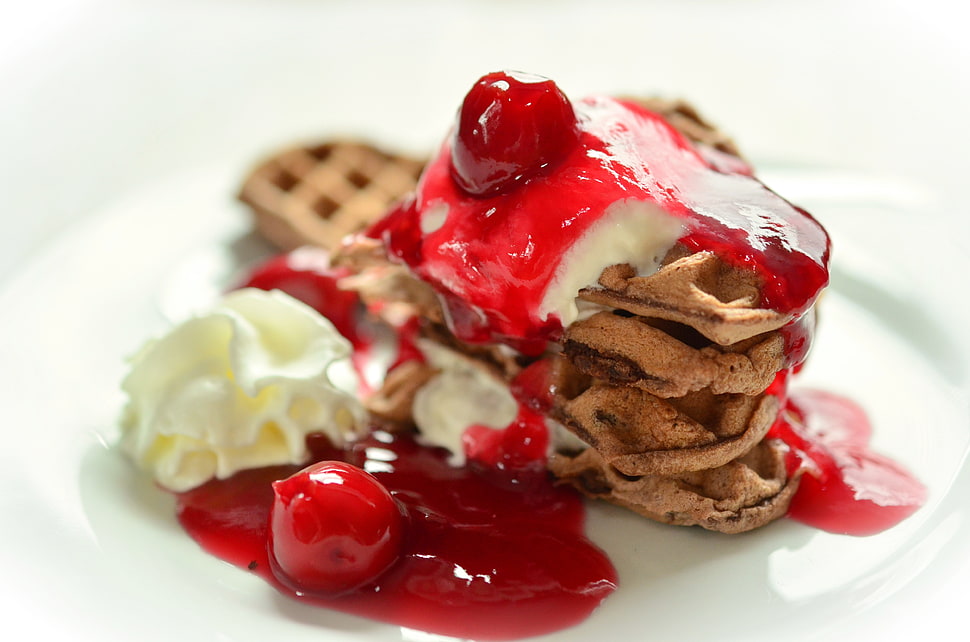 chocolate waffle with whip cream and cherry on top HD wallpaper
