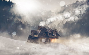 gray 2-storey house, nature, landscape, winter, snow