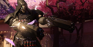 man holding gun digital wallpaper, Overwatch, video games, Reaper (Overwatch)