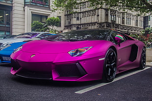 matte purple Lamborghini Aventador diagonally parked