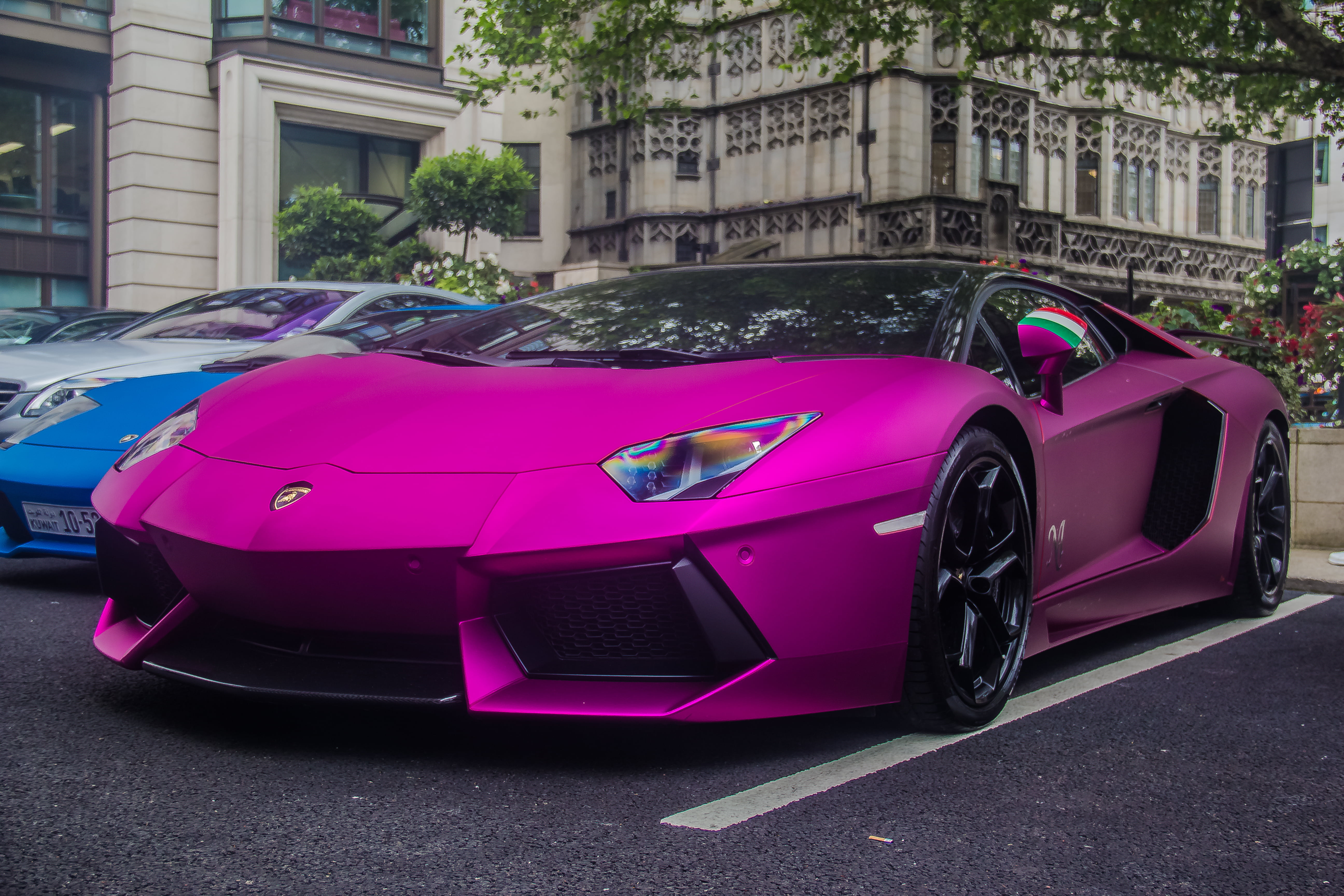 matte purple Lamborghini Aventador diagonally parked HD wallpaper.