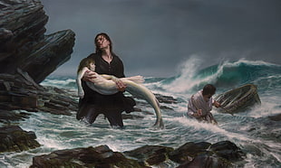 man carrying mermaid illustration, mermaids, artwork, fantasy art, Donato Giancola