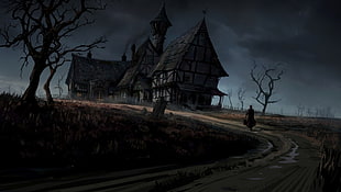 gray house illustration, dark, fantasy art, artwork