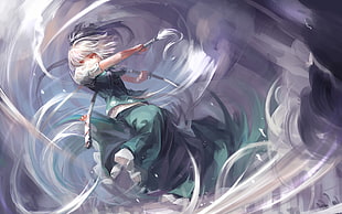 white haired female anime character digital wallpaper, Touhou, weapon, dress, Konpaku Youmu