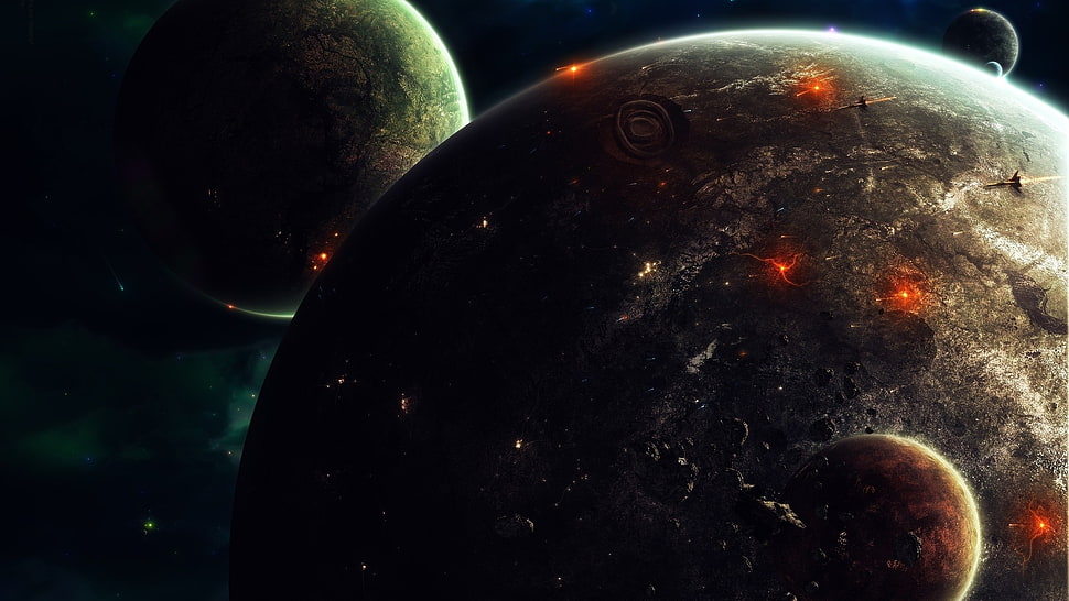 two gray planets illustration, science fiction, space art HD wallpaper