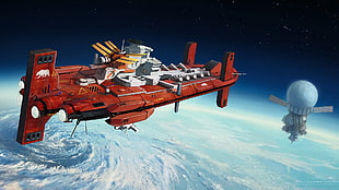 red satellite illustration, digital art, spaceship, satellite, universe