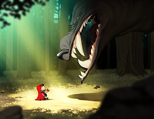 Little Red Riding Hood and Big Bad Wolf clip art, Little Red Riding Hood, wolf, wood, forest HD wallpaper