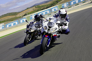 blue and white sport bike, s1000rr, motorcycle, race tracks, BMW