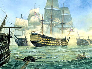 assorted galleon ships on body of water painting, sailing ship, artwork, Royal Navy, ship
