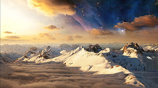 snow mountain, mountains, snow, stars, clouds HD wallpaper