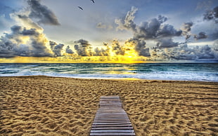 brown wooden sun lounger, nature, beach, sunset, waves