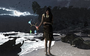 woman wearing brown and white dress walking on seashore at night artwork