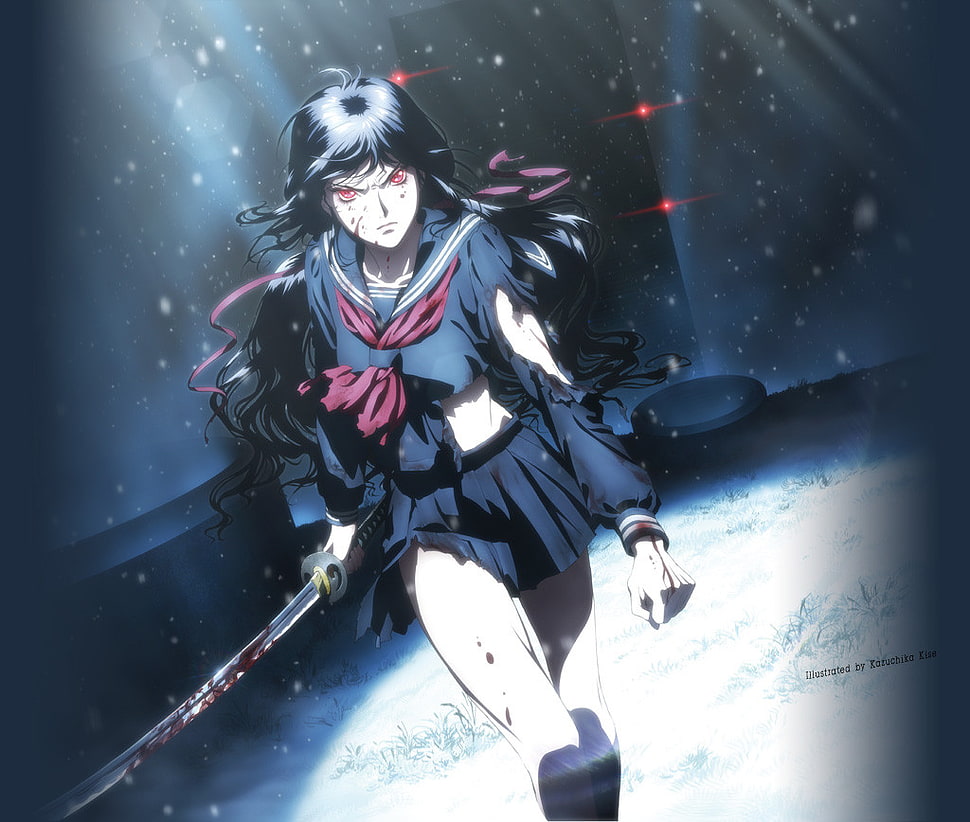 female anime character with sword, Blood-C, anime, skirt, katana HD wallpaper
