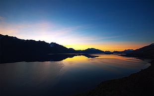 silhouette mountain, nature, lake, sunset, reflection