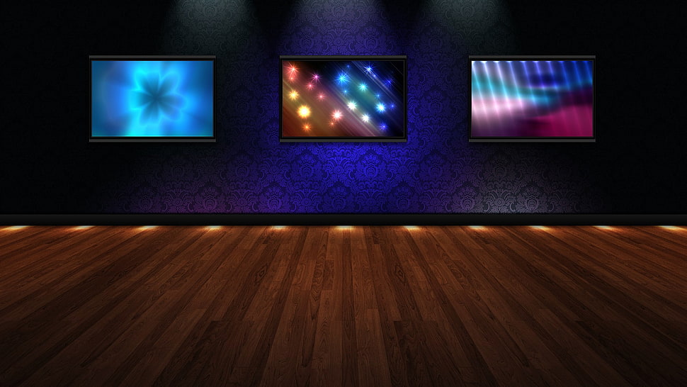 three assorted digital wall decorations, digital art, wooden surface, TV, pattern HD wallpaper