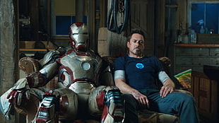 men's blue crew-neck shirt, Iron Man 3, Robert Downey Jr., Tony Stark, Iron Man