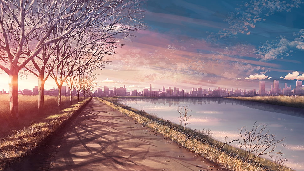 gray concrete pavement and lake, artwork, river, trees HD wallpaper