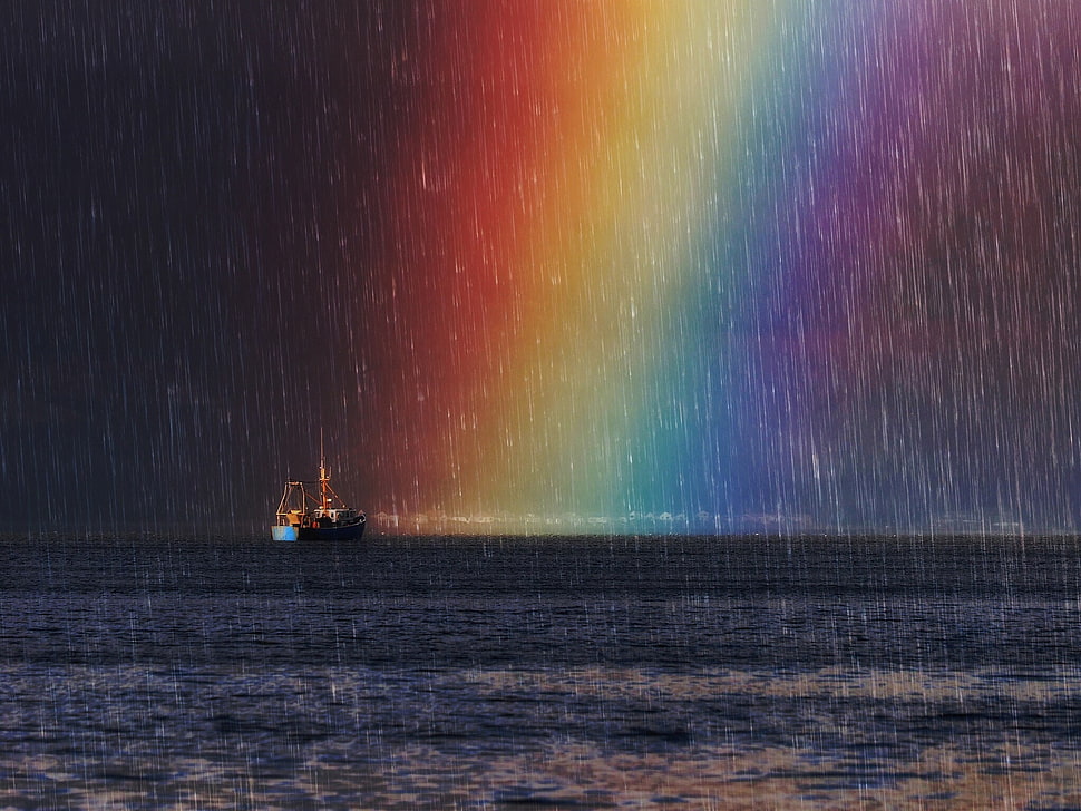 brown sailing boat painting, artwork, rainbows, sea, rain HD wallpaper