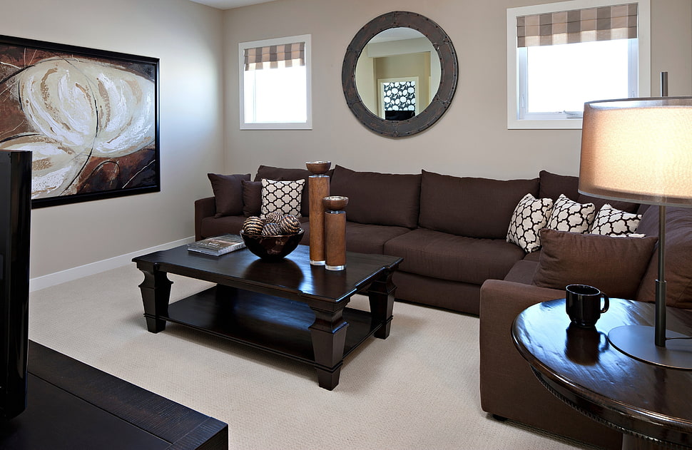 brown suede sectional sofa set HD wallpaper