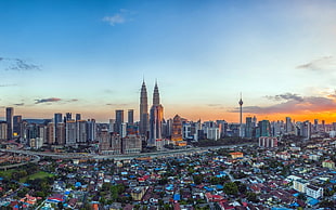aerial photo of cityscape, cityscape, building, sunset, Malaysia HD wallpaper