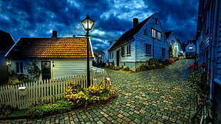 panoramic view of light post near white and brown house under stratoscumulos clouds