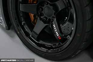black MSMO 5-spoke vehicle wheel and tire, Nissan Skyline GT-R R34, Nissan GTR R34, Nissan Skyline GT-R R34 Nismo, Nissan