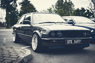 black BMW car, old car, car, morning, evening