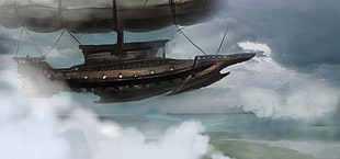 brown and gray air ship painting, steampunk, ship, clouds