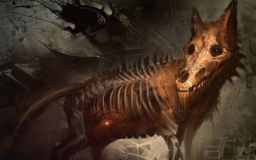 animal skeleton illustration, digital art, skeleton, bones, ribs HD wallpaper