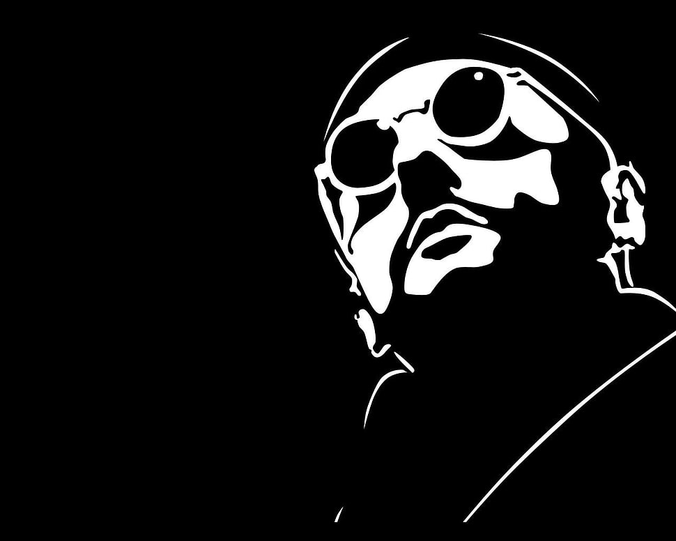 black and white illustration of man with round sunglasses, movies, minimalism, monochrome, Léon: The Professional HD wallpaper