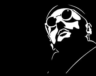 black and white illustration of man with round sunglasses, movies, minimalism, monochrome, Léon: The Professional