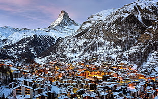 aerial photography of village and mountain at daytime, Switzerland, mountains, snow, winter