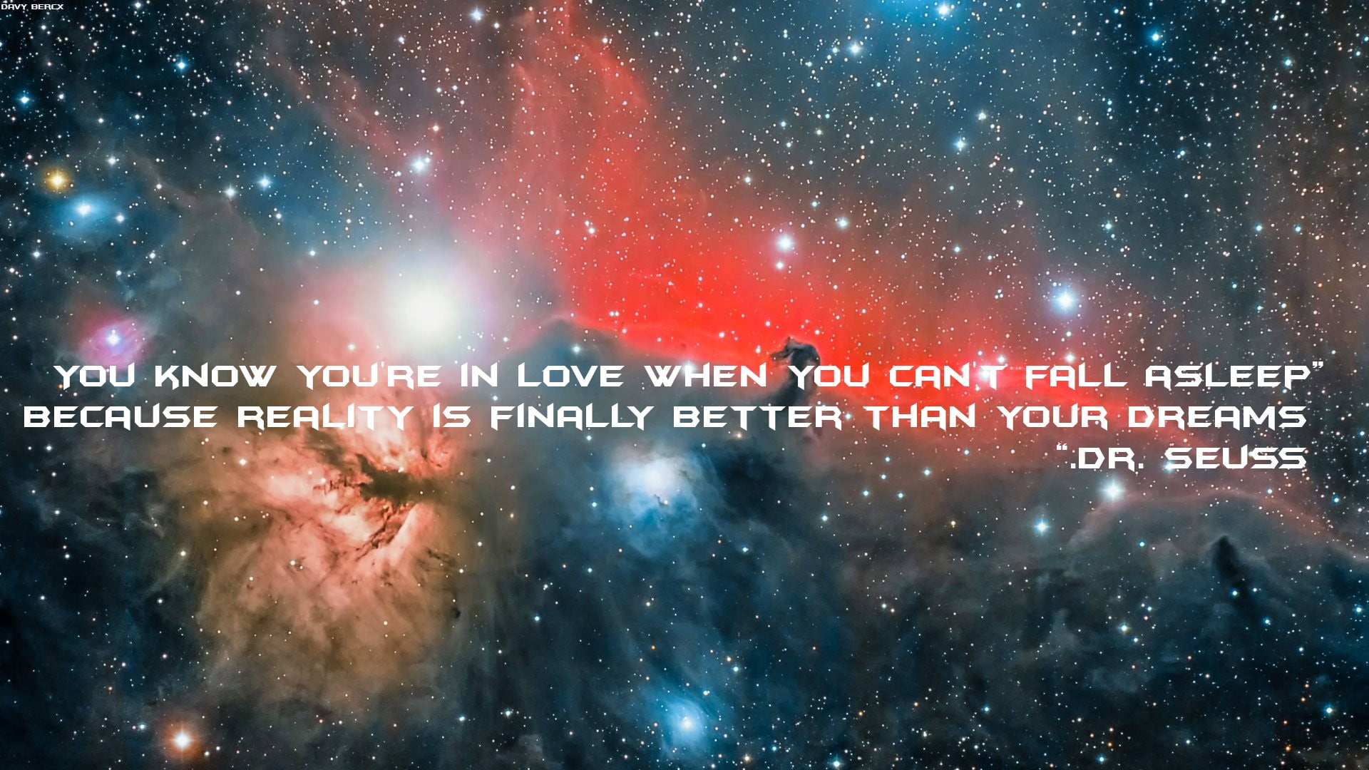 Milky Way with white text overlay, galaxy, quote, love