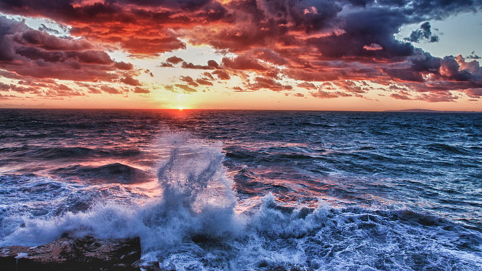 gray clouds, nature, sea, water, waves HD wallpaper
