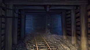 brown wooden train rail, mine shaft, Everlasting Summer