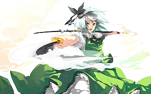 white haired girl holding sword illustration HD wallpaper