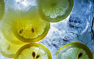 close-up of a beverage with lemon slices