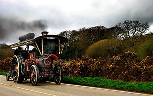 black and red smoke train, vintage, road, steam locomotive, vehicle HD wallpaper
