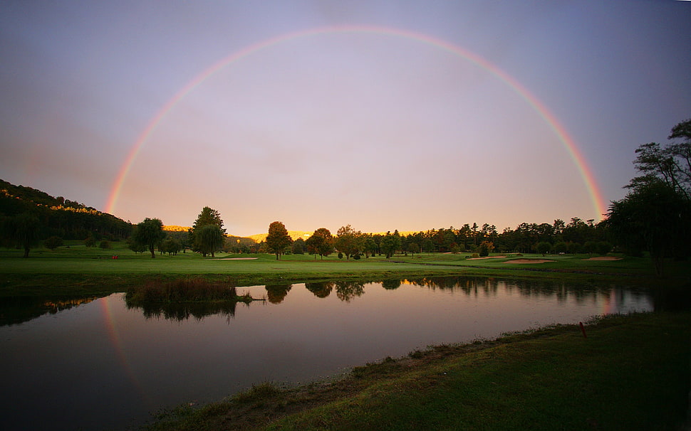 panoramic photography of river near trees under rainbow, river, rainbows, landscape, golf course HD wallpaper