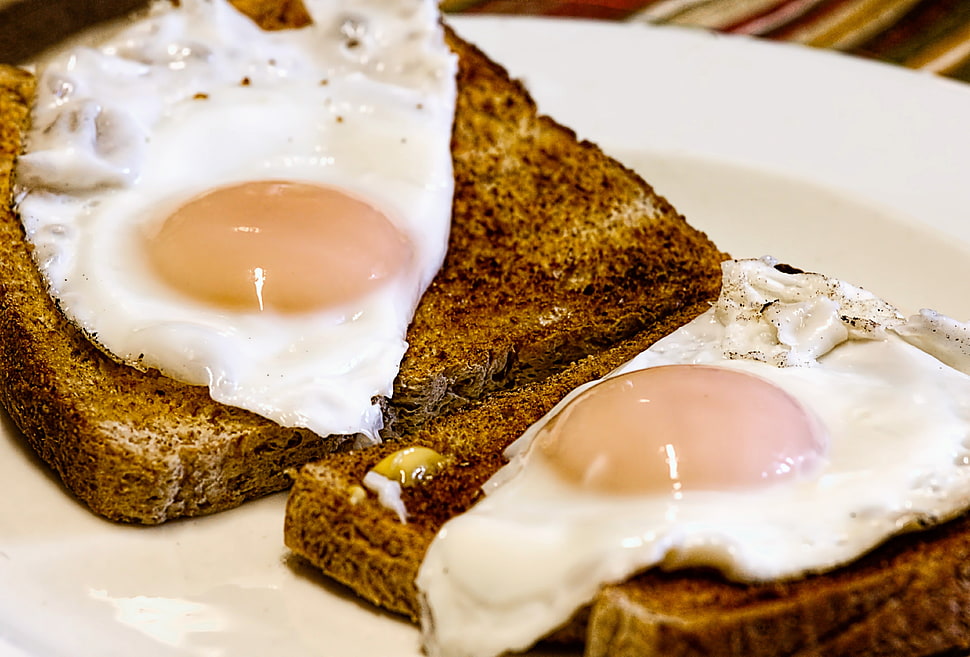 brown bread with eggs served on white ceramic plate HD wallpaper