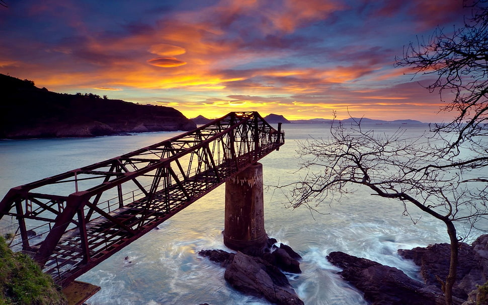 gray steel bridge, nature, landscape, water, sea HD wallpaper