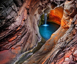 red and brown cave painting, nature, landscape, waterfall, canyon HD wallpaper