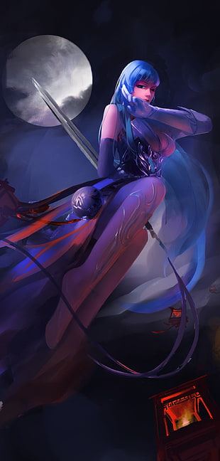 blue haired female anime character, fantasy art, warrior, magic HD wallpaper