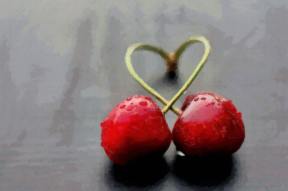 two red cherries, artwork HD wallpaper