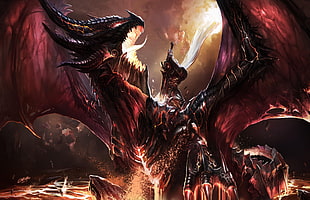 black and red dragon illustration, dragon, Deathwing, sword, World of Warcraft