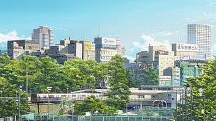 concrete buildings near green leafed trees, Kimi no Na Wa, Your Name, cityscape