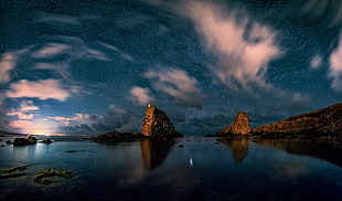 body of water, landscape, nature, starry night, rock