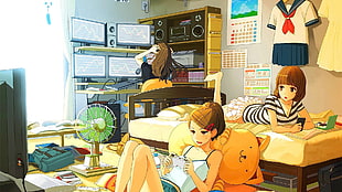 three anime girls on one room